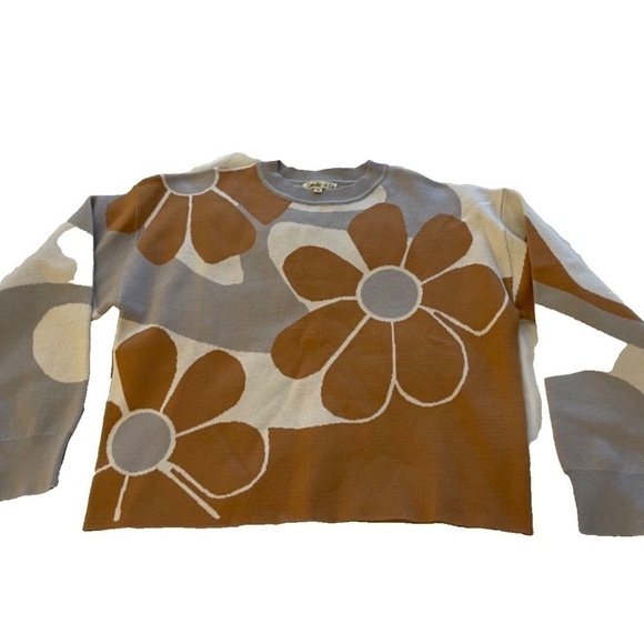 Camille & Co Womens Knit Mod Floral Retro Sweater Brown/Cream/Grey Size Small - Picture 2 of 6